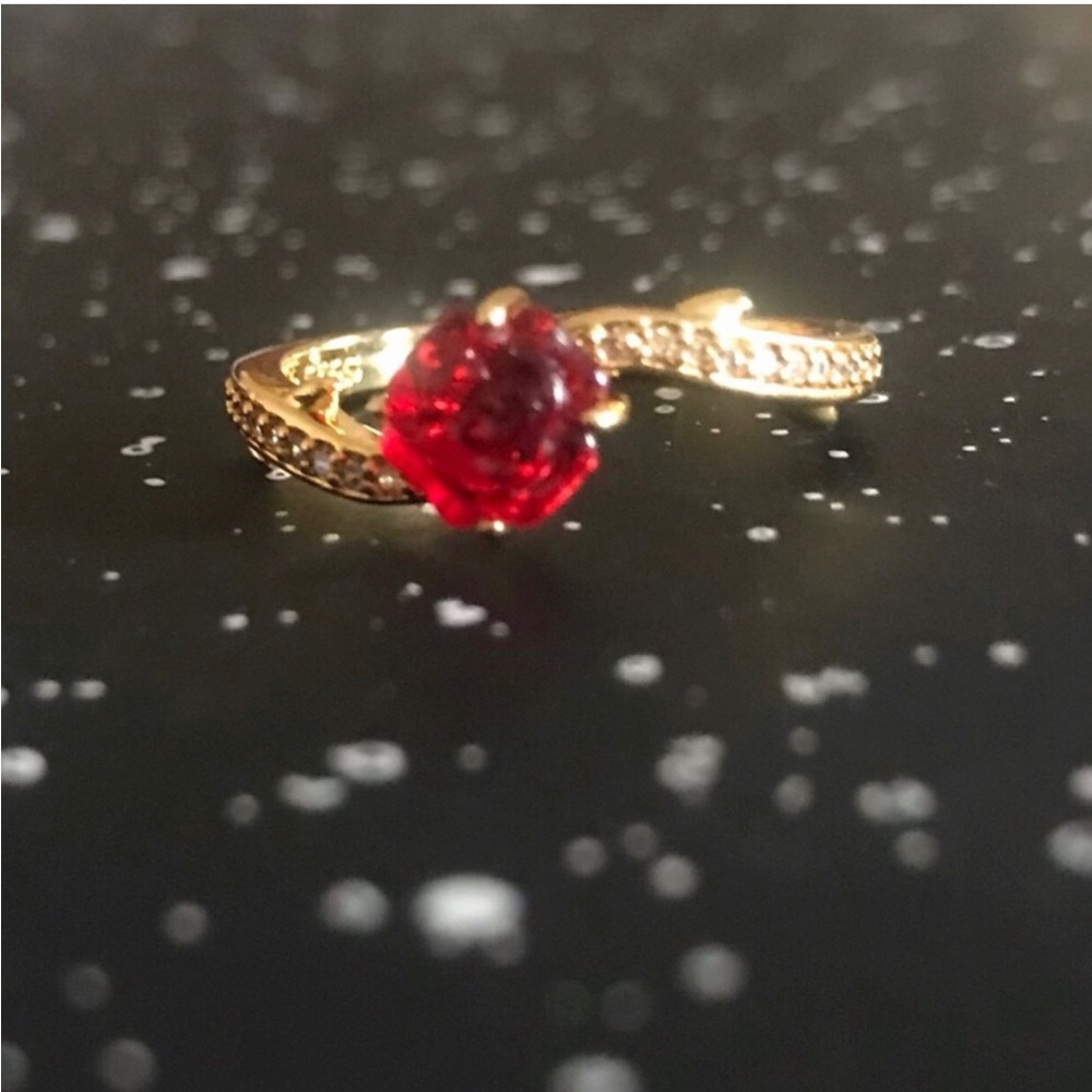 Beauty and the Beast Gold Ring with Red Rose Crystal Center